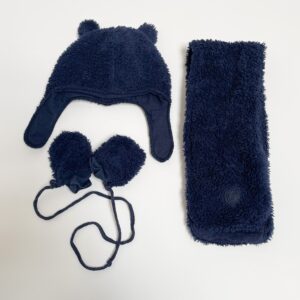 Driedelige set muts + sjaal + handschoenen teddy donkerblauw Woody 0-6m